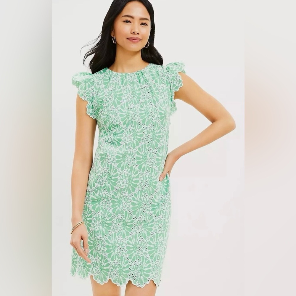 LOFT Eyelet Flutter Sleeve‎ Mint Green Shift Dress - Size 6